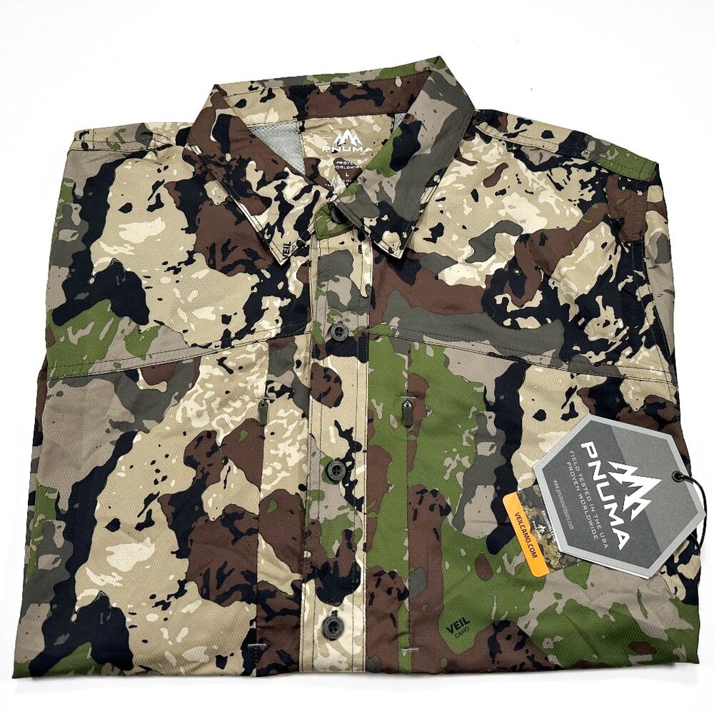 Pnuma L Outdoors Short Sleeve Shooting Shirt Caza Veil Camo UPF30+ Athletic Fit